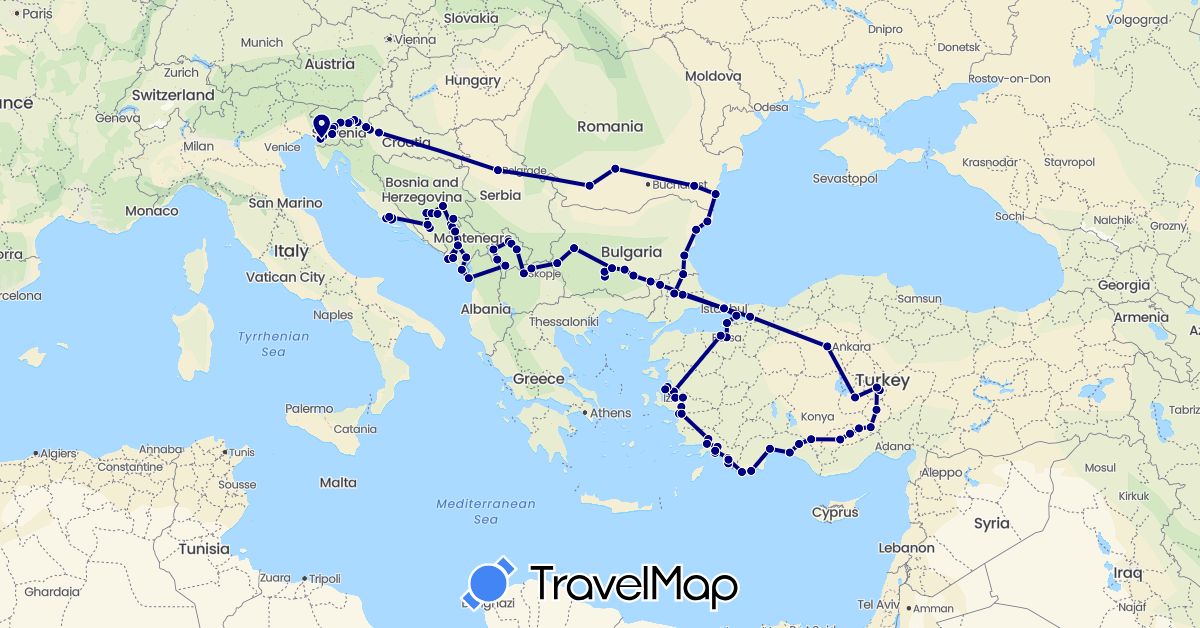 TravelMap itinerary: driving in Bosnia and Herzegovina, Bulgaria, Croatia, Italy, Montenegro, Macedonia, Romania, Serbia, Slovenia, Turkey, Kosovo (Asia, Europe)