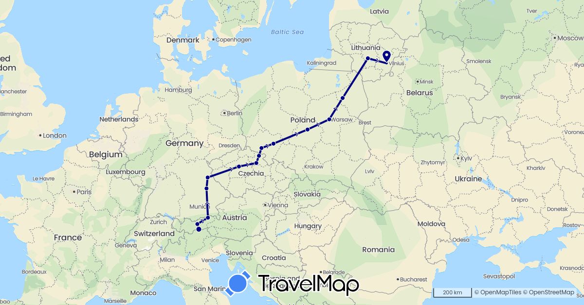 TravelMap itinerary: driving in Austria, Czech Republic, Germany, Italy, Lithuania, Poland (Europe)